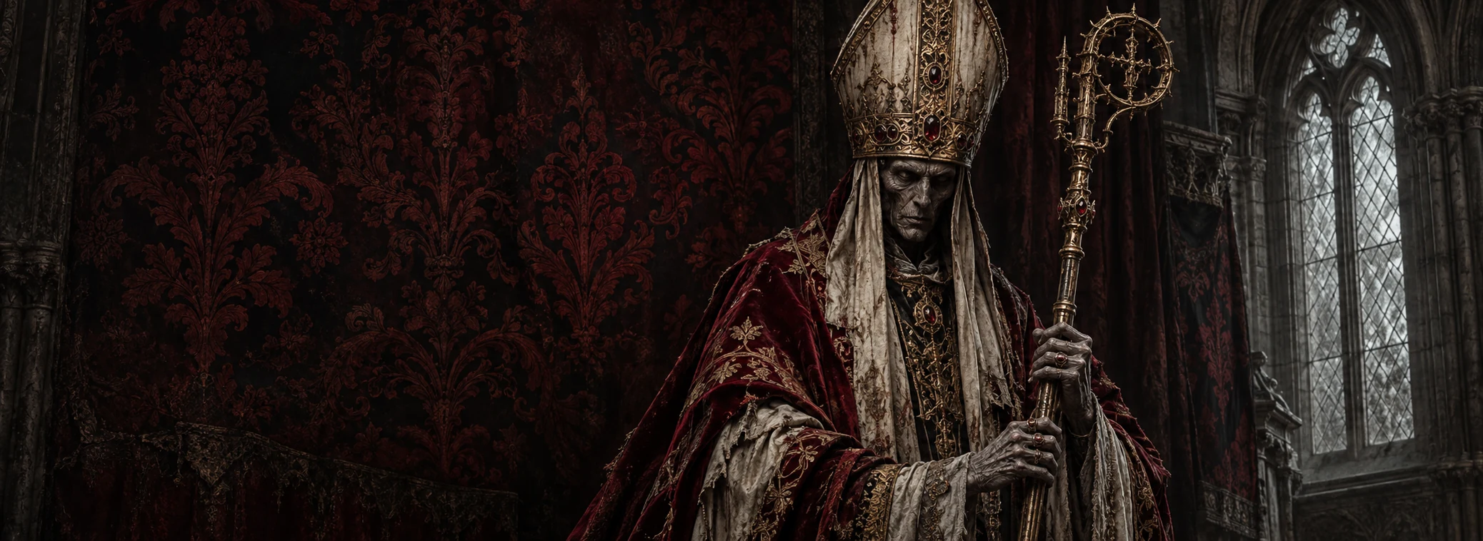 The Red Bishop in a weathered ceremonial mitre, holding an ornate crozier.