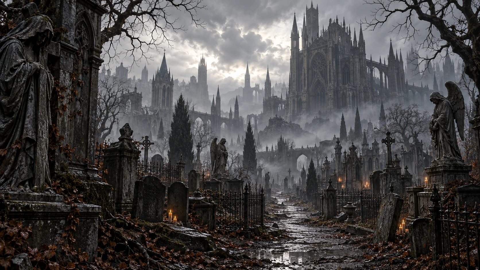 Crooked graves and statues beneath the distant cathedral.