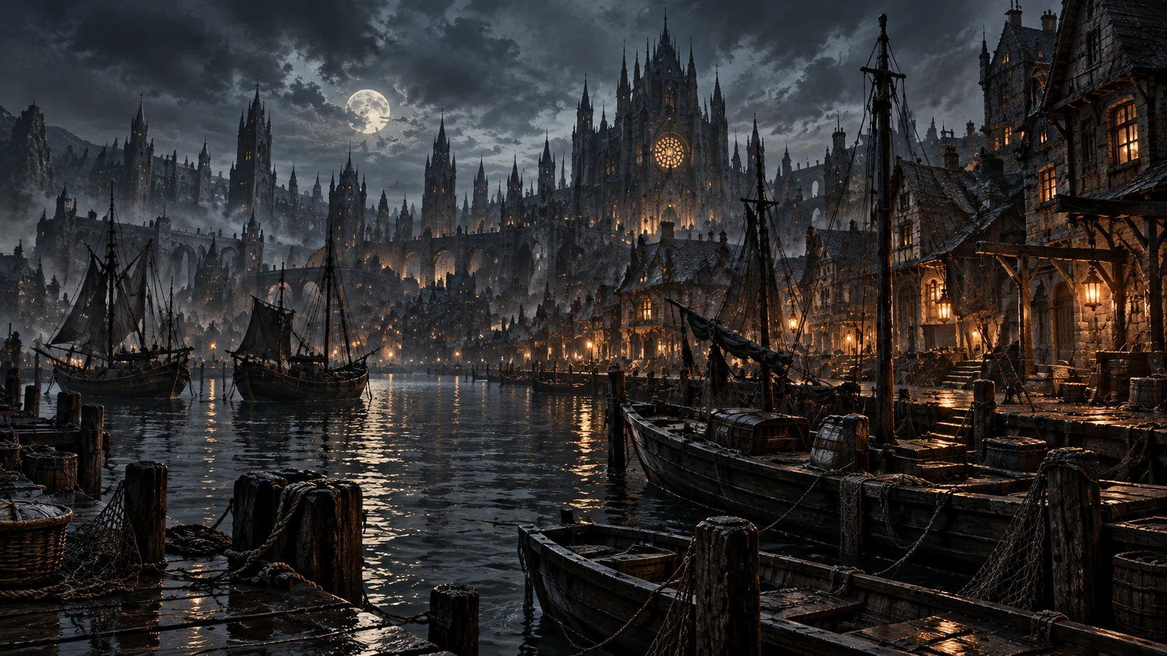 The old waterfront of Morvein beneath its cathedral.