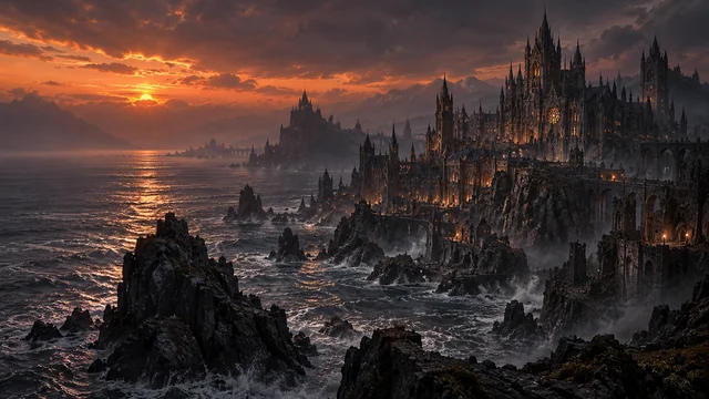 The Gothic skyline of Morvein in the last light of dusk
